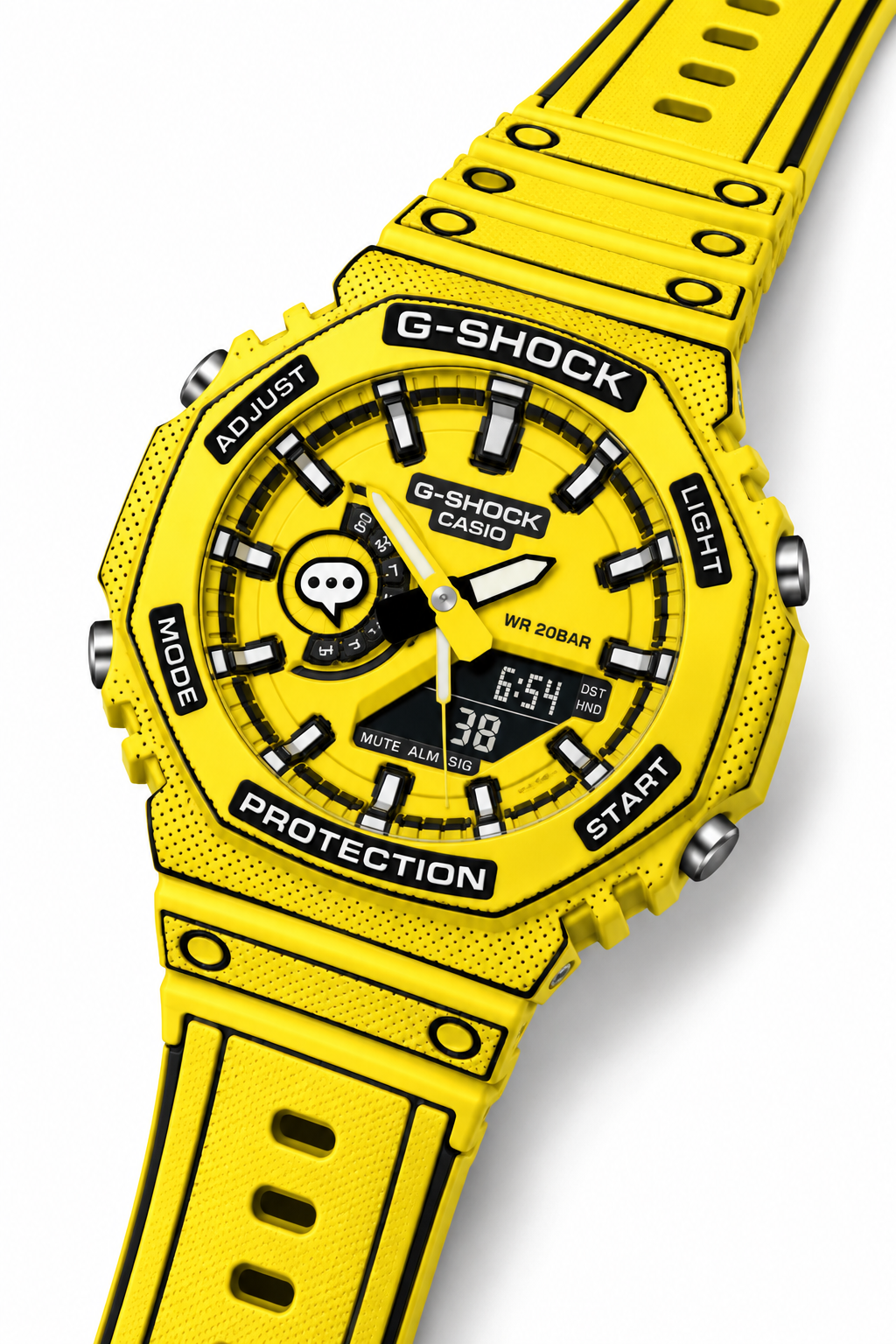 Yellow Animated GA-2100 watch with comic-style outlines, angled view