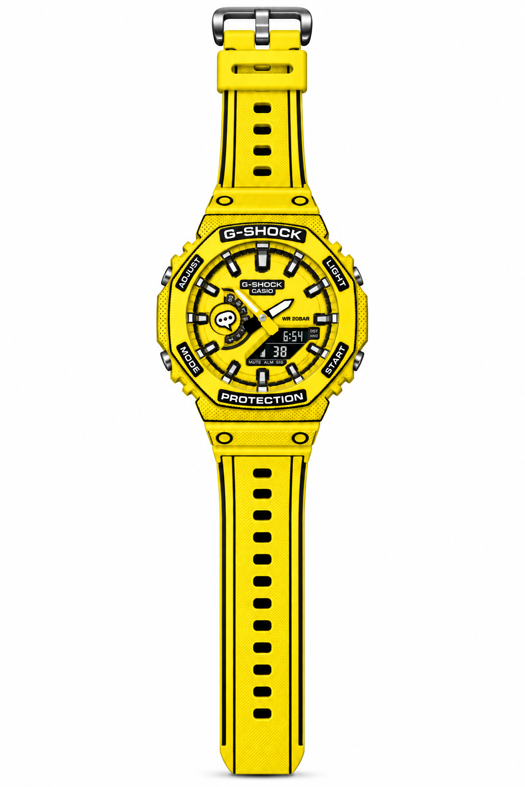 Yellow Animated GA-2100 watch showing its full yellow strap