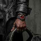 Red-dial Void watch worn with a black leather jacket
