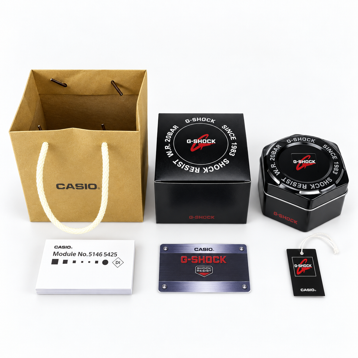 Casio gift bag, presentation box, watch tin, instruction booklet, card and hang tag.