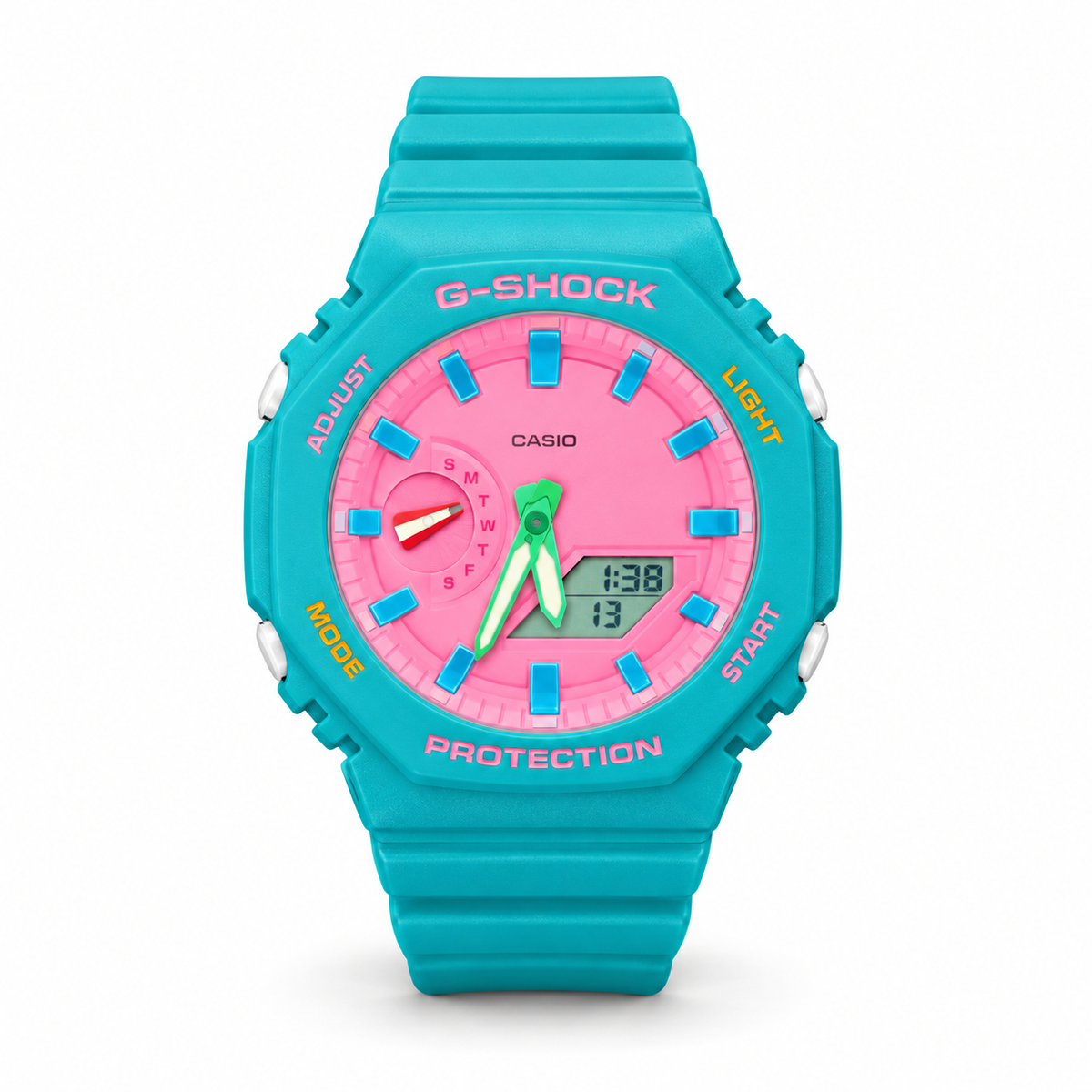 Wild Card GA-2100 watch with a teal case and strap, pink dial and green hands, facing forward on a white background